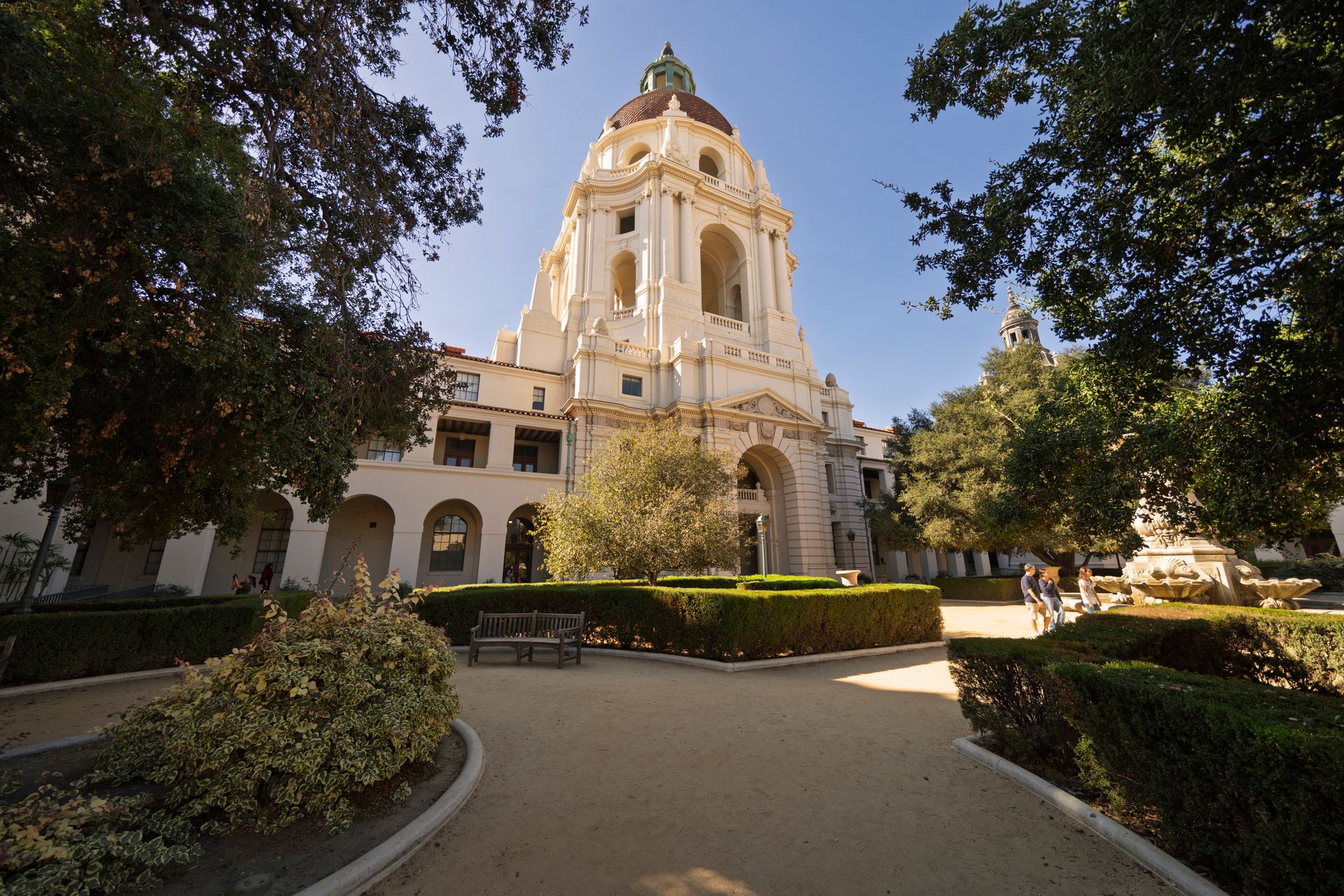 Pasadena City Hall's domed tower rising above its tree-lined courtyard